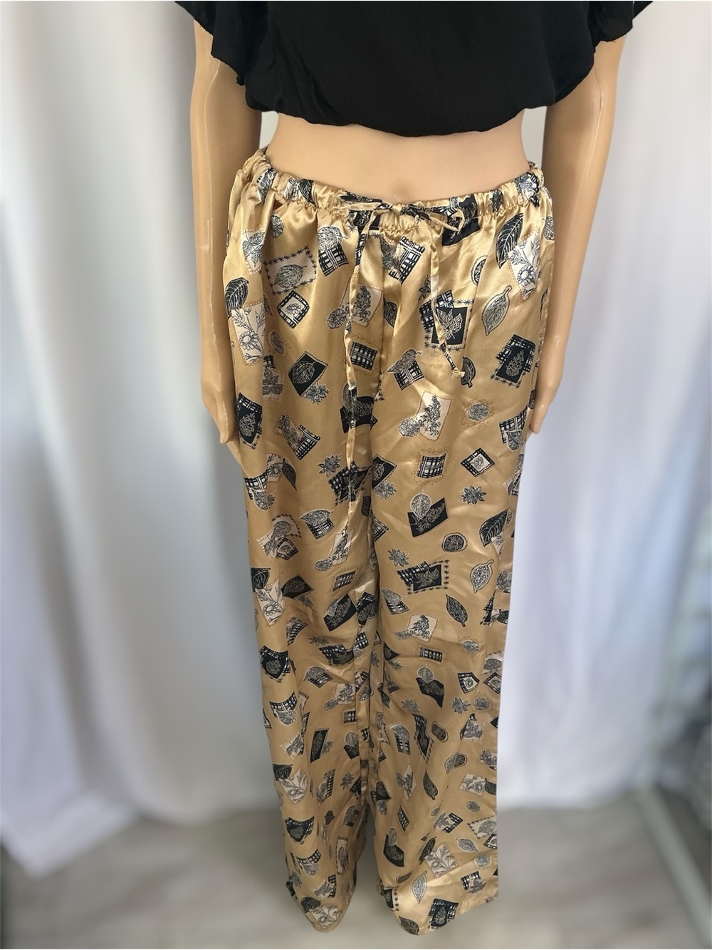 VTG Roundy Bay Gold Satin Launch Pajama Pants Blue Retro Boho Hipster BeachVacay